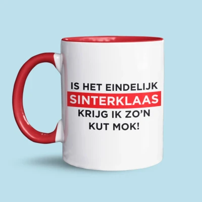 Afbeelding van NietMokken.nl Grappige Sinterklaas Mok Is Het Eindelijk Sinterklaas, Krijg Ik Zo&#039;n Kut Keramische Beker Voor en Achterkant Bedrukt 325 ml Vaatwasser Magnetronbestendig 11 oz