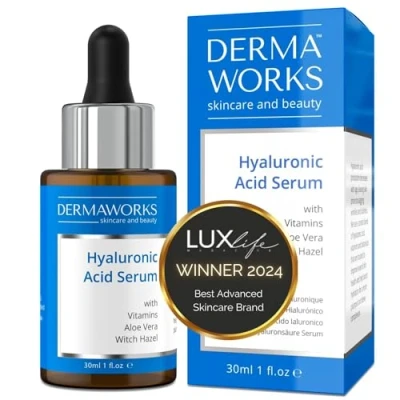 Afbeelding van DERMAWORKS Hydraterende Hyaluronzuur Serum Moisturizer met Vitamine C, Aloë Vera en Jojoba Olie KRACHTIG Anti aging rimpel Huidverzorging 30ml