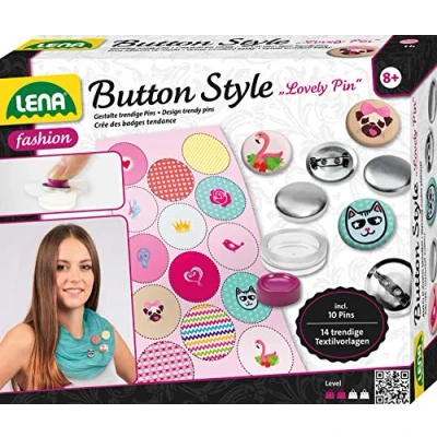 Afbeelding van Lena 42564 Knutselset Button Style Lovely Pin, set voor coole buttons met 10 metalen knopen, gereedschap, 14 voorbeelden van stof leuke ontwerpen en dieren, fashion modeset, vanaf 8 jaar