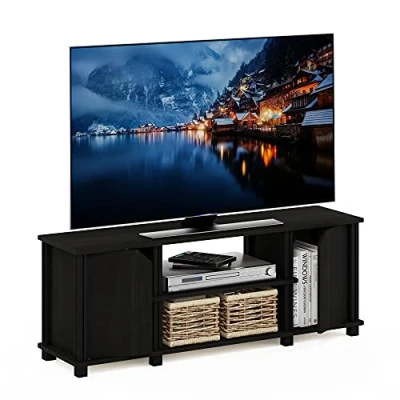 Afbeelding van Furinno Standaard, tv unit, entertainmentcentrum met planken en opslag, ontworpen hout, espresso/zwart, 111,3 (B) x 40,6 (H) 29,7 (D) cm