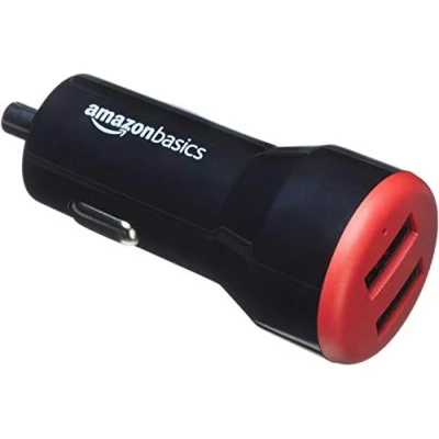 Afbeelding van Amazon Basics USB A Autolader, voor mobiele telefoons (iPhone 15, 14, 13, 12, 11, X, Samsung en andere), 24 W, 2 poorten, niet PPS, zwart/rood
