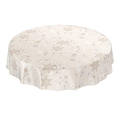 Afbeelding van Anro Kersttafelkeed van zeildoek, afwasbaar; patroon met sneeuwvlokken, beige, rond 140 cm omzoomd