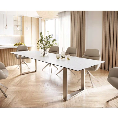 Afbeelding van Eettafel Edge keramiek Laminam® Statuarietto wit 300x100 roestvrij staal smal
