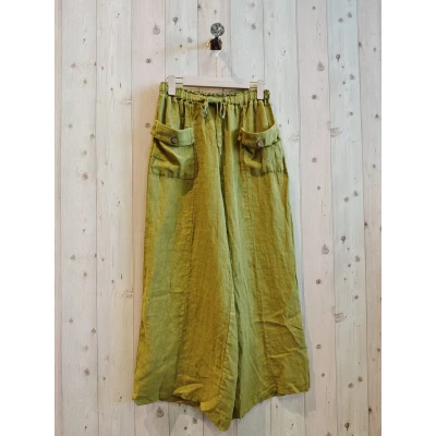 Afbeelding van Boho Linnen broek met brede pijpen steek zakken een knop zijzakken kleur PISTACHE maat 42