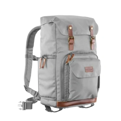 Afbeelding van Mantona Luis Retro Fotorugzak, Echt Leer, Incl. Regenhoes, Flexibele Indeling En Laptopvak, (Geschikt Voor 1X Dslr Camera, 3X Lenzen Diverse Fotoaccessoires), Grijs