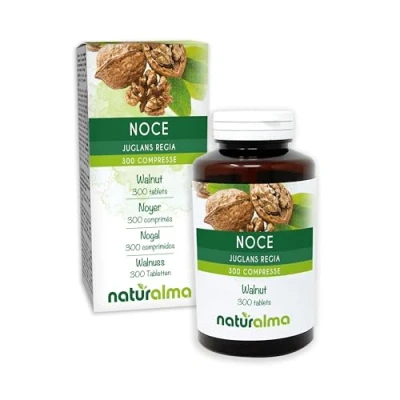 Afbeelding van Walnoot of Okkernoot (Juglans regia) fruitschil vruchtwand (walnootschil) en bladeren NATURALMA 150 g 300 tabletten Voedingssupplement Natuurlijk Veganistisch