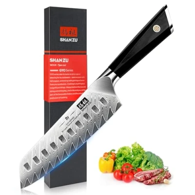 Afbeelding van SHAN ZU Koksmes, Santoku Mes Keukenmes 18 cm Damastmes AUS 10 Roestvrij Staal Scherp Ergonomisch G10 Handvat Prachtige Geschenkverpakking