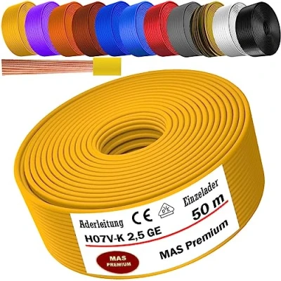 Afbeelding van Aderleiding H07 V K 2,5 mm² geel enkele ader flexibel van 5 tot 100 m (50 m)