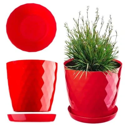 Afbeelding van KADAX Bloempot met Schotel, Plantenpot voor Bloemen, Planten, Kruidenplanten, binnen, Plantenbak van Kunststof, decoratieve Pot, Planter (16 cm, rood)