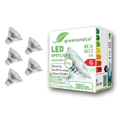 Afbeelding van 5x greenandco® CRI90+ 4000K 36 LED spot vervangt 40W GU5.3 MR16, 6W 380lm neutraal wit 12V AC/DC, flikkervrij, niet dimbaar