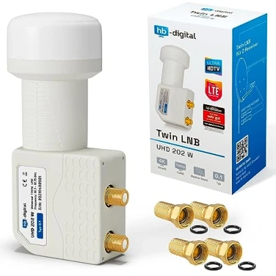 Afbeelding van hb Digital Twin LNB (test zeer goed *) LNC hoofd 2 deelnemers Direct LTE Protected Satelliet Full HD TV 3D 4K UHD contacten verguld weerbestendig wit + 4X F stekker