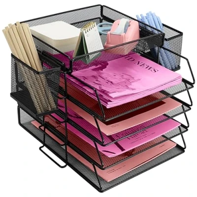 Afbeelding van ideallife Metalen brievenbakje, stapelbaar, tijdschriftenhouder met 4 brievenbakjes, bureau opbergmap twee penhouders voor kantoor, school, thuis (4 niveaus)