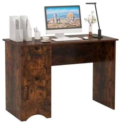 Afbeelding van COSTWAY Bureau met 2 laden, kleine computertafel, kinderbureau, moderne bureautafel, pc tafel voor slaapkamer, werkkamer, kantoor, wit, 109 x 50 75 cm (rustiek bruin)