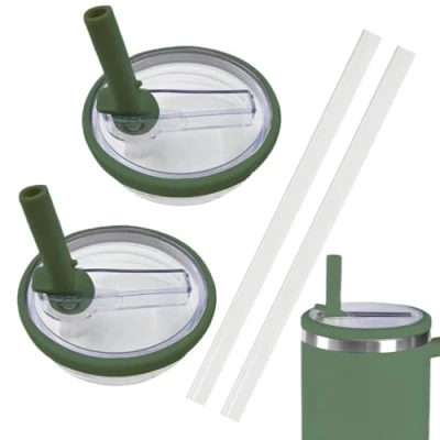 Afbeelding van NEERIX Set van 2 herbruikbare reservedeksels voor bekers 100 ml, premium reservedeksel met rietje, lekvrij en stofdicht, accessoires Stanley beker, inclusief deksel rietje (donkergroen)