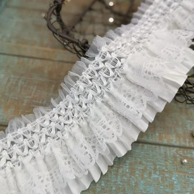 Afbeelding van Yulakes 5 Yards Wit 3D Kant Applique Borduurwerk Kraag Lint Elastische Geplooide Guipure Stof Trim Ruche Jurk Rokken Hoofddeksels Naaien Diy Levert 7 CM Breed