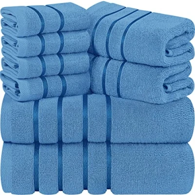 Afbeelding van Utopia Towels 8 delige luxe handdoekenset, 2 badhanddoeken, handdoeken en 4 washandjes, 97% ringgesponnen katoen zeer absorberend viscose streep ideaal voor dagelijks gebruik (Elektrisch blauw)