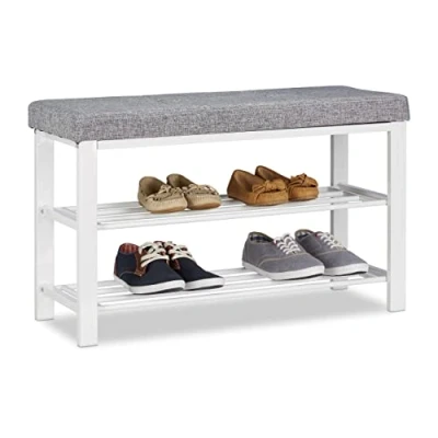 Afbeelding van Relaxdays schoenenbank, 2 etages, gepolsterd, metaal, HBD: 50 x 81 32 cm, open, schoenenrek, zitbank, halbank, grijs
