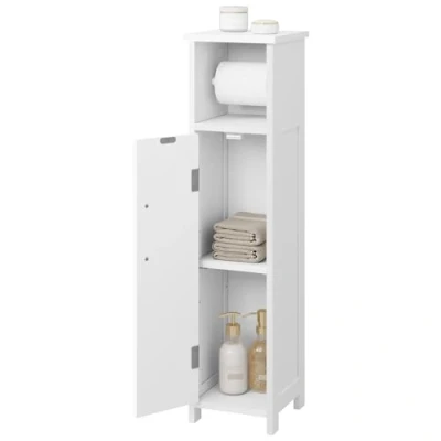 Afbeelding van EUGAD Toiletpapierhouder voor op de vloer, badkamerkast met zuil, ruimtebesparende deur, witte toiletpapierhouder, van hout, 18 x 71 cm
