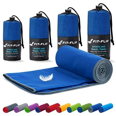 Afbeelding van Fit Flip Reishanddoeken set 16 kleuren, 6 afmetingen de perfecte sporthanddoek, strandlaken en reishanddoek (80x40cm 1 Stuk, Donkerblauw grijze rand)