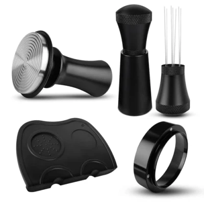 Afbeelding van Koffie tamper 58 mm, set incl. WDT tool, doseerring tampermat, drukregelende mm van roestvrij staal met basis ribbel, verbeterde Tool espresso naald 7 fijne naalden
