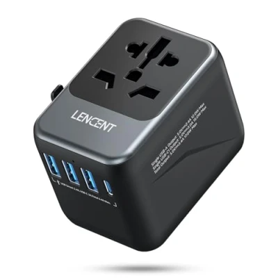 Afbeelding van LENCENT Reisadapter Wereldwijd, Universele Reisstekker met 3 USB A &amp; Type C, Alles in één Internationale Stekker voor Telefoons Laptops, 200+ Landen, EU UK DE VS A/C/G/I, Grijs