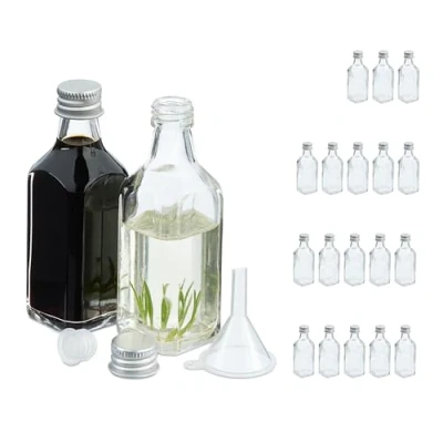 Afbeelding van Relaxdays glazen flesjes, set van 20, 50ml, mini flessen om te vullen, schroefdop &amp; kurk, shotflesje, transparant/zilver