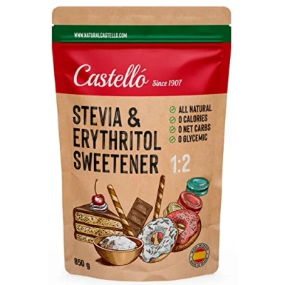 Afbeelding van Zoetstof Stevia + Erythritol 1:2 1g = 2g suiker 100% Natuurlijke Suikervervanger 0 Calorieën Glycemische Index Keto en Paleo Netto Koolhydraten Non GMO Castello since 1907 850 g