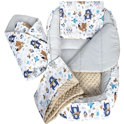 Afbeelding van Medi Partners 5 delige Babynest Set 100x60x15 Uitneembaar inzetstuk Bed Knuffel Nestje Baby deken Pasgeboren 100% katoen (Boho Diere met beige Minky)