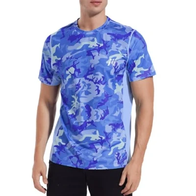 Afbeelding van MEETWEE Rash Guards Sport T shirt voor heren, korte mouwen, uv bescherming, UPF 50+, donkerblauw camouflage, L
