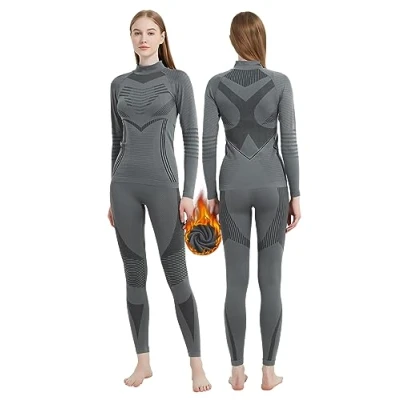 Afbeelding van MeetHoo Thermische sets voor dames, thermo T shirts, ondergoed, sportfunctie, hardlopen, fietsen, skiën, winter, Grijs 02, M