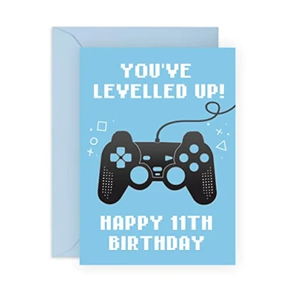 Afbeelding van CENTRAL 23 Leuke verjaardagskaart voor jongens &#039;You&#039;ve Levelled Up!&#039; Gelukkige 11e verjaardag elf jaar oud leeftijd 11 blauwe wenskaart gamers kinderen cadeau zoon,