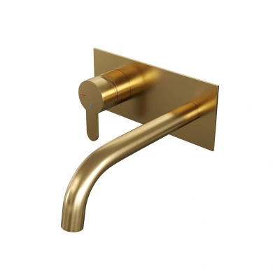 Afbeelding van Brauer Gold Edition Wastafelmengkraan inbouw gebogen uitloop rechts hendel plat smal afdekplaat model D2 PVD geborsteld goud