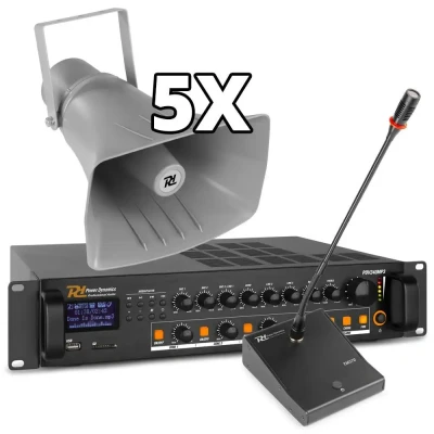 Afbeelding van 100V omroepinstallatie met 5 speakers, Bluetooth en mp3 speler voor