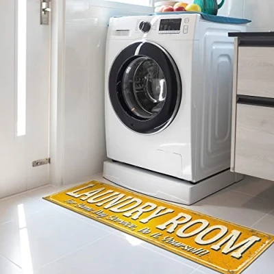 Afbeelding van Wasbaar in de machine met tekstontwerp wasruimte tapijt antislip rubberback 2 x 5 wasloper, voor wasruimte, badkamer, 20 149 cm, oranje