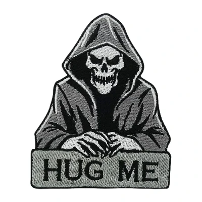 Afbeelding van Finally Home Patch om op te strijken Hug Me Reaper doodshoofd patches, biker opstrijker, motorfiets grappige skeletpatches