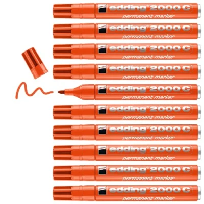 Afbeelding van edding 2000 C permanente marker, oranje, 10 pennen, ronde punt 1,5 3 mm, sneldrogend, water en veegbestendig, voor karton, kunststof, hout, metaal, universele marker