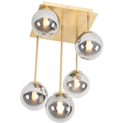 Afbeelding van QAZQA Moderne plafondlamp goud 5 lichts met smoke glas Athens
