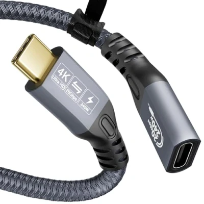 Afbeelding van YIWENTEC USB C kabel naar 3.2 male vrouwelijke Gen2 ¡Á 2 type oplaadkabel, 20 Gbps gegevensoverdracht, 240 W 48 V/5 A snellaadkabel, 4K @ 60Hz video overdracht (recht, 3 m)