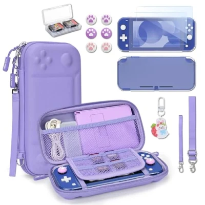 Afbeelding van Younik Switch Lite hoes, 14 in 1 Accessoires Bundel met Draagtas, Transparante Beschermhoes, Game Card 2 Schermbeveiligers, 6 Thumb Grips, Hanger (Purper)