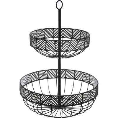 Afbeelding van Dubbele etagere fruitschaal/fruitmand rond zwart metaal 30 x 42 cm Fruitschalen/fruitmanden Draa
