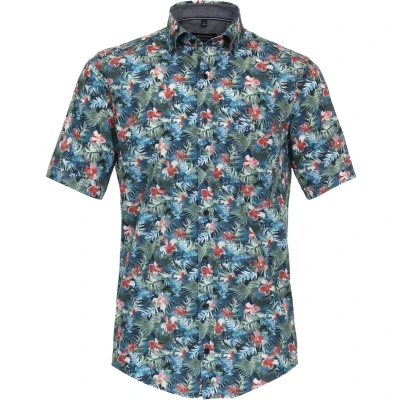 Afbeelding van CASA MODA Sport casual fit overhemd korte mouw popeline groen met blauw en rood dessin Strijkvriendelijk Boordmaat: 41 42