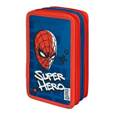 Afbeelding van Scooli Etui Tripledecker, Spider Man gevuld, inclusief geodriehoek