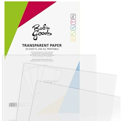 Afbeelding van Robin Goods® 50 vellen premium overtrekpapier DIN A3, 110 g/m², superkwaliteit, bedrukbaar, ambachtelijk papier, overtrekpapier, perkamentpapier, architectenpapier (50 A3 transparant)
