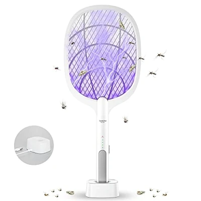 Afbeelding van DANGZW Elektrische Vliegenmepper, 2 in 1 4000V USB Oplaadbare Vliegenmepper met Oplaadbasis, Vliegenvanger Insectendoder voor Muggen, Vliegen, Bijen, Motten