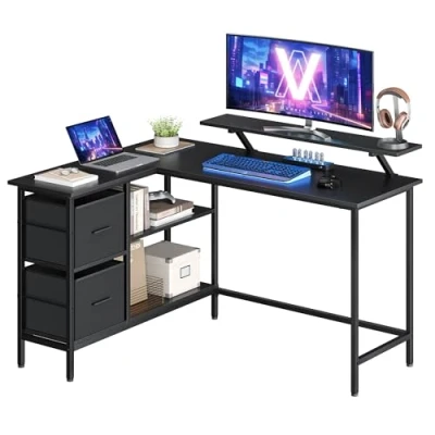 Afbeelding van VASAGLE L vormig bureau, 2 ruime lades, computerbureau met monitorstandaard, hoekbureau, speeltafel verstelbare plank 135 x 105 cm ebbenhout zwart LWD098B56