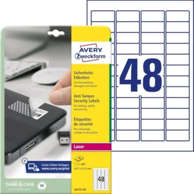 Afbeelding van Avery Italia L6113 20 etiketten, polyester, wit, sabotagebestendig, vellen A4, rechthoekig, 45,7 x 21,2 mm, 48 etiketten per vel, permanent klevend, laserprinter