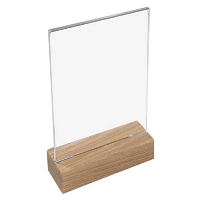 Afbeelding van HMF 46940 acryl tafelstandaard met houten voet, DIN A6 staand formaat, doorzichtig