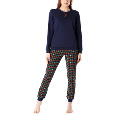 Afbeelding van Merry Style MS MS10 168 PJ Dames Pyjama ronde hals lange mouwen broek met zakken Katoen Marineblauw/Oranje/Geruit XXL