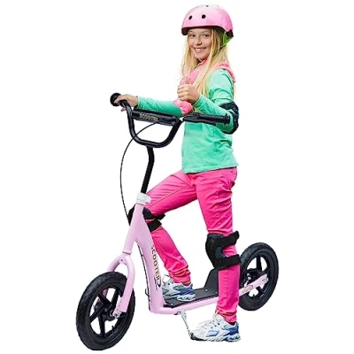 Afbeelding van HOMCOM Kinderstep, 30 cm, in hoogte verstelbaar stuur, rem en standaard, staal, voor kinderen vanaf 5 jaar, roze