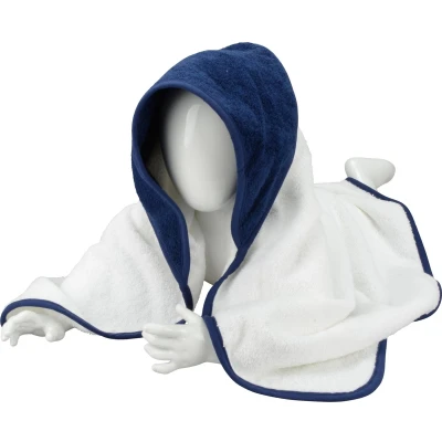 Afbeelding van ARTG® Babiezz Babycape Baby Badcape Kraamkado 75 x cm Wit / MarineBlauw Donker Blauwe Capuchon en Rand 100% Katoen WHITE FRENCH NAVY